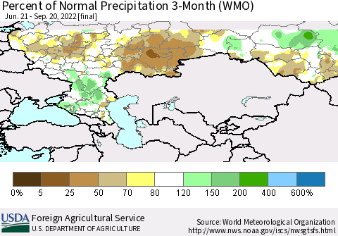 Russian Federation Percent of Normal Precipitation 3-Month (WMO) Thematic Map For 6/21/2022 - 9/20/2022