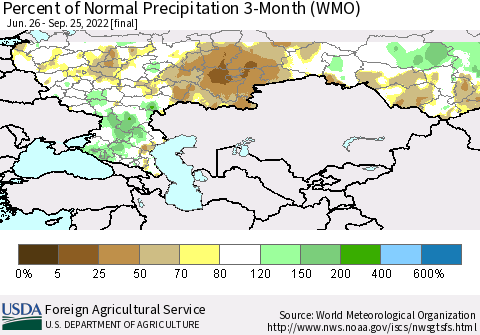 Russian Federation Percent of Normal Precipitation 3-Month (WMO) Thematic Map For 6/26/2022 - 9/25/2022