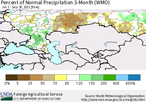 Russian Federation Percent of Normal Precipitation 3-Month (WMO) Thematic Map For 7/1/2022 - 9/30/2022