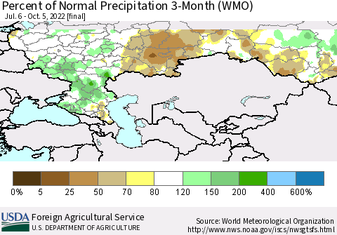 Russian Federation Percent of Normal Precipitation 3-Month (WMO) Thematic Map For 7/6/2022 - 10/5/2022