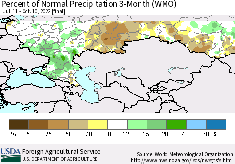 Russian Federation Percent of Normal Precipitation 3-Month (WMO) Thematic Map For 7/11/2022 - 10/10/2022