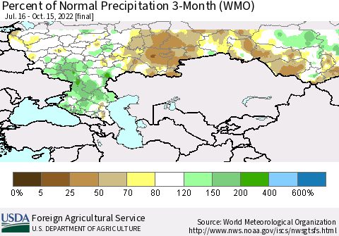 Russian Federation Percent of Normal Precipitation 3-Month (WMO) Thematic Map For 7/16/2022 - 10/15/2022
