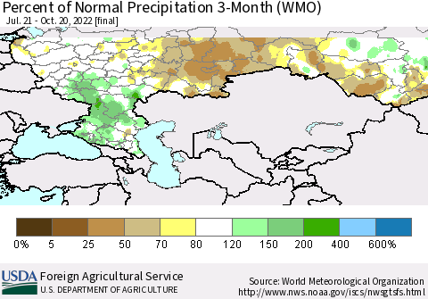 Russian Federation Percent of Normal Precipitation 3-Month (WMO) Thematic Map For 7/21/2022 - 10/20/2022