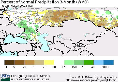 Russian Federation Percent of Normal Precipitation 3-Month (WMO) Thematic Map For 7/26/2022 - 10/25/2022
