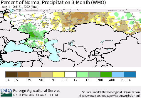 Russian Federation Percent of Normal Precipitation 3-Month (WMO) Thematic Map For 8/1/2022 - 10/31/2022