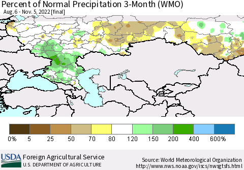 Russian Federation Percent of Normal Precipitation 3-Month (WMO) Thematic Map For 8/6/2022 - 11/5/2022