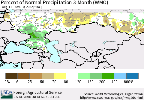 Russian Federation Percent of Normal Precipitation 3-Month (WMO) Thematic Map For 8/11/2022 - 11/10/2022