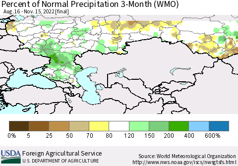 Russian Federation Percent of Normal Precipitation 3-Month (WMO) Thematic Map For 8/16/2022 - 11/15/2022
