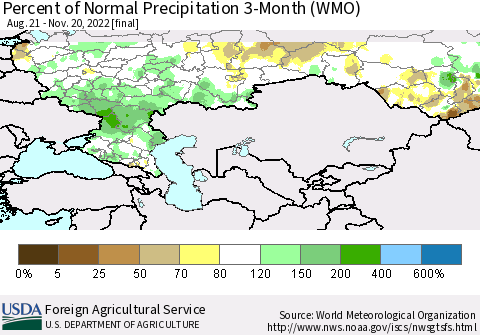 Russian Federation Percent of Normal Precipitation 3-Month (WMO) Thematic Map For 8/21/2022 - 11/20/2022