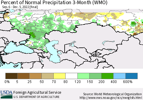 Russian Federation Percent of Normal Precipitation 3-Month (WMO) Thematic Map For 9/6/2022 - 12/5/2022