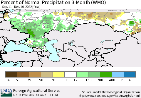 Russian Federation Percent of Normal Precipitation 3-Month (WMO) Thematic Map For 9/11/2022 - 12/10/2022