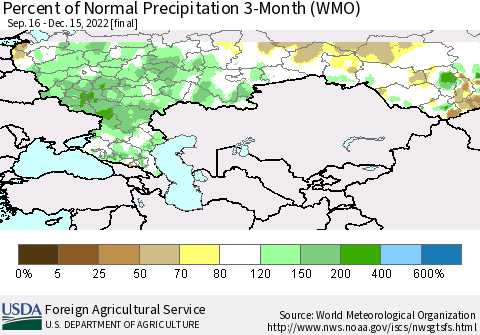 Russian Federation Percent of Normal Precipitation 3-Month (WMO) Thematic Map For 9/16/2022 - 12/15/2022
