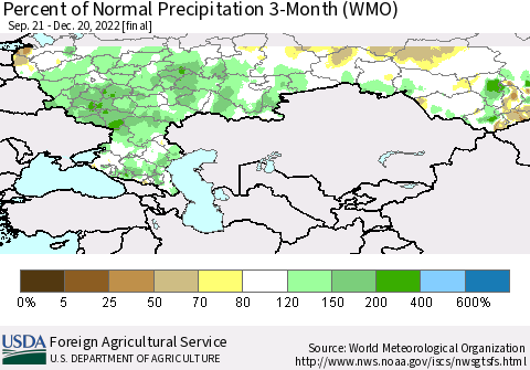 Russian Federation Percent of Normal Precipitation 3-Month (WMO) Thematic Map For 9/21/2022 - 12/20/2022