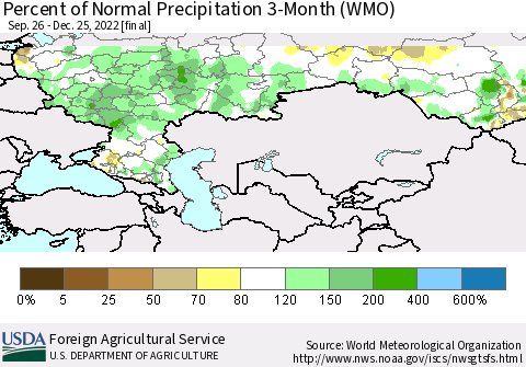 Russian Federation Percent of Normal Precipitation 3-Month (WMO) Thematic Map For 9/26/2022 - 12/25/2022