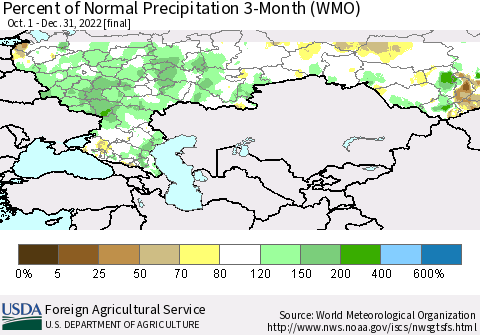 Russian Federation Percent of Normal Precipitation 3-Month (WMO) Thematic Map For 10/1/2022 - 12/31/2022