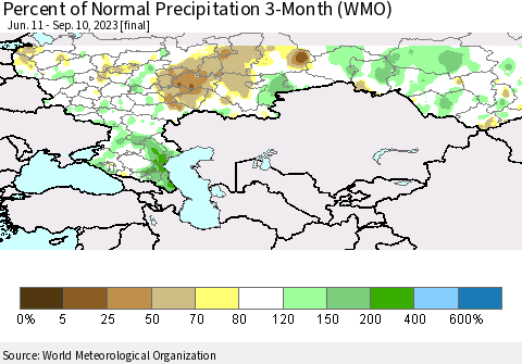 Russian Federation Percent of Normal Precipitation 3-Month (WMO) Thematic Map For 6/11/2023 - 9/10/2023