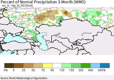 Russian Federation Percent of Normal Precipitation 3-Month (WMO) Thematic Map For 6/21/2023 - 9/20/2023