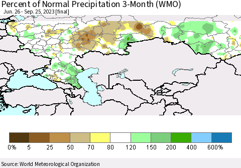 Russian Federation Percent of Normal Precipitation 3-Month (WMO) Thematic Map For 6/26/2023 - 9/25/2023