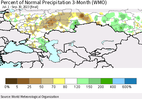 Russian Federation Percent of Normal Precipitation 3-Month (WMO) Thematic Map For 7/1/2023 - 9/30/2023