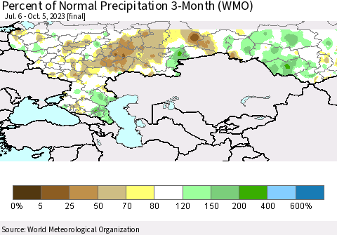 Russian Federation Percent of Normal Precipitation 3-Month (WMO) Thematic Map For 7/6/2023 - 10/5/2023