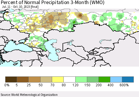 Russian Federation Percent of Normal Precipitation 3-Month (WMO) Thematic Map For 7/11/2023 - 10/10/2023