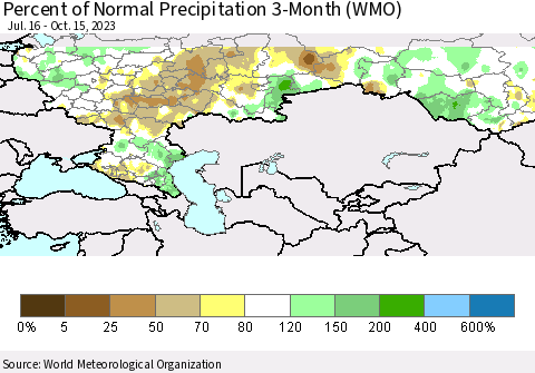Russian Federation Percent of Normal Precipitation 3-Month (WMO) Thematic Map For 7/16/2023 - 10/15/2023