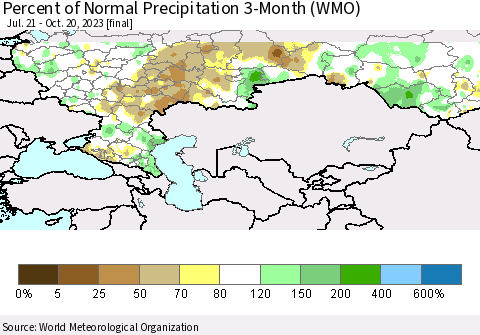 Russian Federation Percent of Normal Precipitation 3-Month (WMO) Thematic Map For 7/21/2023 - 10/20/2023