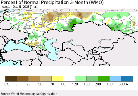 Russian Federation Percent of Normal Precipitation 3-Month (WMO) Thematic Map For 8/1/2023 - 10/31/2023