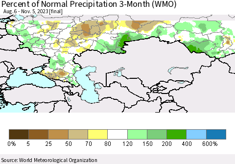 Russian Federation Percent of Normal Precipitation 3-Month (WMO) Thematic Map For 8/6/2023 - 11/5/2023