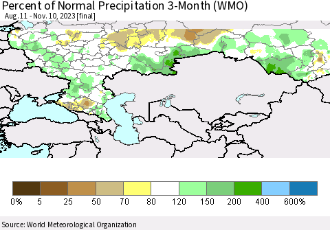 Russian Federation Percent of Normal Precipitation 3-Month (WMO) Thematic Map For 8/11/2023 - 11/10/2023