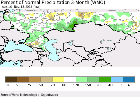 Russian Federation Percent of Normal Precipitation 3-Month (WMO) Thematic Map For 8/16/2023 - 11/15/2023