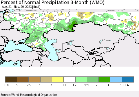 Russian Federation Percent of Normal Precipitation 3-Month (WMO) Thematic Map For 8/21/2023 - 11/20/2023