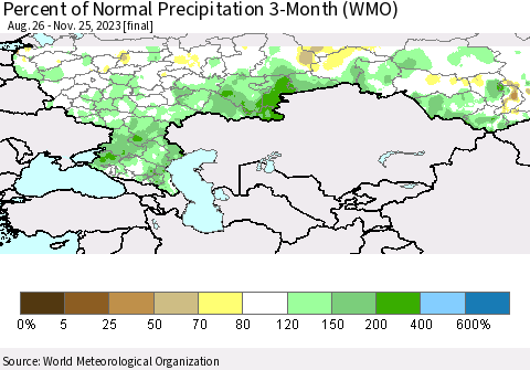 Russian Federation Percent of Normal Precipitation 3-Month (WMO) Thematic Map For 8/26/2023 - 11/25/2023