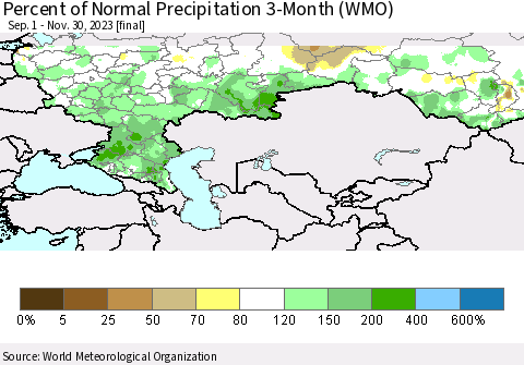 Russian Federation Percent of Normal Precipitation 3-Month (WMO) Thematic Map For 9/1/2023 - 11/30/2023