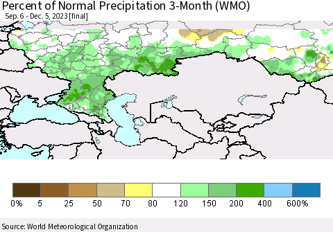 Russian Federation Percent of Normal Precipitation 3-Month (WMO) Thematic Map For 9/6/2023 - 12/5/2023