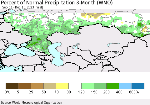 Russian Federation Percent of Normal Precipitation 3-Month (WMO) Thematic Map For 9/11/2023 - 12/10/2023