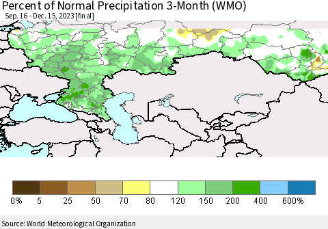 Russian Federation Percent of Normal Precipitation 3-Month (WMO) Thematic Map For 9/16/2023 - 12/15/2023