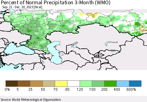 Russian Federation Percent of Normal Precipitation 3-Month (WMO) Thematic Map For 9/21/2023 - 12/20/2023