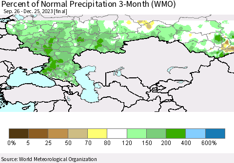 Russian Federation Percent of Normal Precipitation 3-Month (WMO) Thematic Map For 9/26/2023 - 12/25/2023