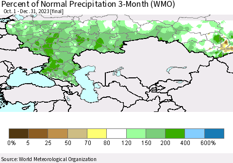 Russian Federation Percent of Normal Precipitation 3-Month (WMO) Thematic Map For 10/1/2023 - 12/31/2023