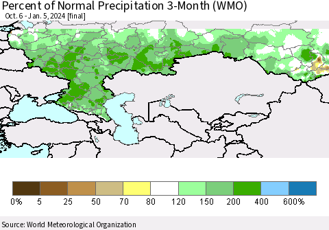 Russian Federation Percent of Normal Precipitation 3-Month (WMO) Thematic Map For 10/6/2023 - 1/5/2024