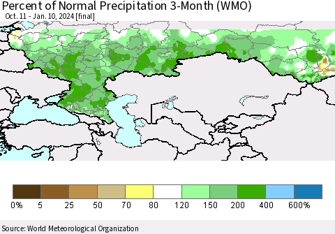 Russian Federation Percent of Normal Precipitation 3-Month (WMO) Thematic Map For 10/11/2023 - 1/10/2024