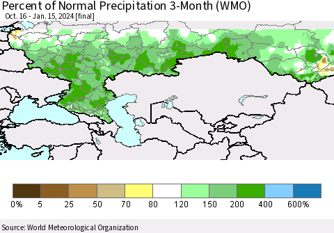 Russian Federation Percent of Normal Precipitation 3-Month (WMO) Thematic Map For 10/16/2023 - 1/15/2024