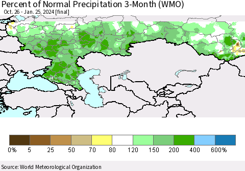 Russian Federation Percent of Normal Precipitation 3-Month (WMO) Thematic Map For 10/26/2023 - 1/25/2024