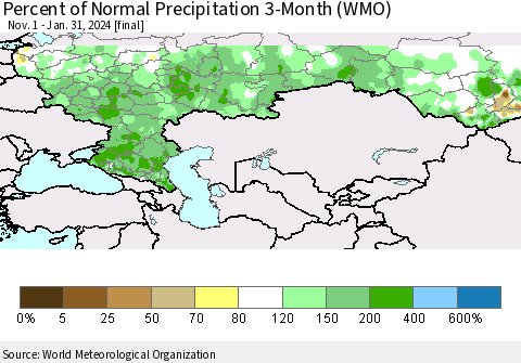 Russian Federation Percent of Normal Precipitation 3-Month (WMO) Thematic Map For 11/1/2023 - 1/31/2024