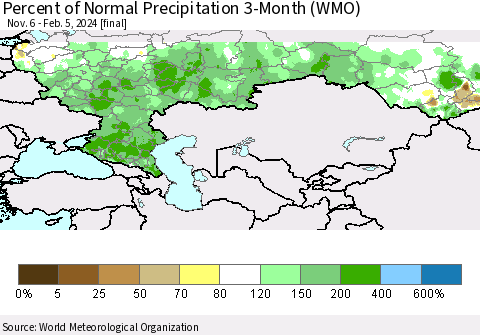 Russian Federation Percent of Normal Precipitation 3-Month (WMO) Thematic Map For 11/6/2023 - 2/5/2024