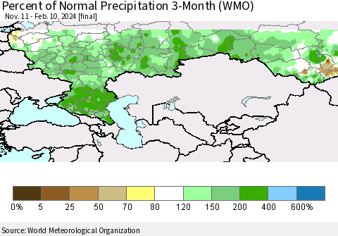 Russian Federation Percent of Normal Precipitation 3-Month (WMO) Thematic Map For 11/11/2023 - 2/10/2024