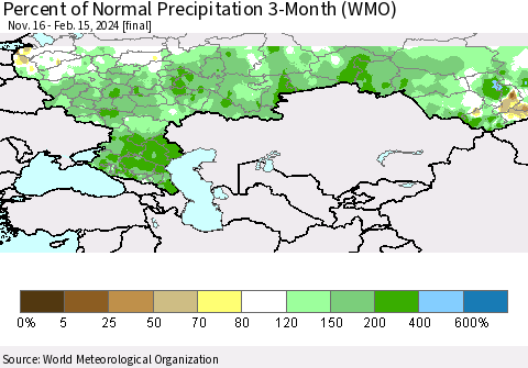 Russian Federation Percent of Normal Precipitation 3-Month (WMO) Thematic Map For 11/16/2023 - 2/15/2024