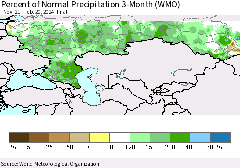 Russian Federation Percent of Normal Precipitation 3-Month (WMO) Thematic Map For 11/21/2023 - 2/20/2024