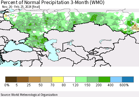 Russian Federation Percent of Normal Precipitation 3-Month (WMO) Thematic Map For 11/26/2023 - 2/25/2024